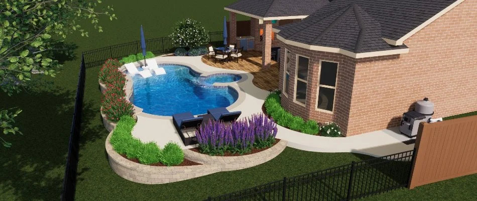 3D design rendering of a backyard with a pool in Kingwood, TX.