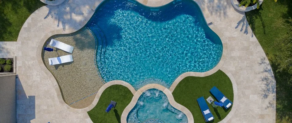 Aerial view of a beautiful swimming pool in Kingwood, TX.