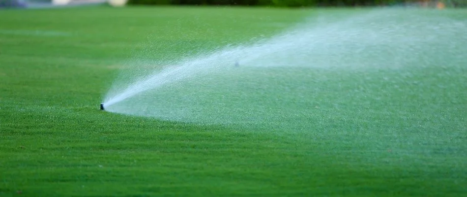 Green lawn in Kingwood, TX, with sprinklers.