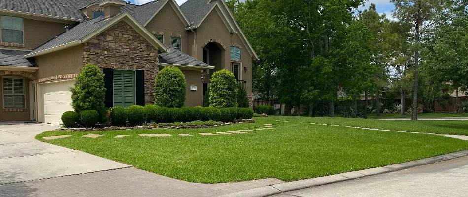 Healthy green lawn, trees, and shrubs in Huffman, TX.