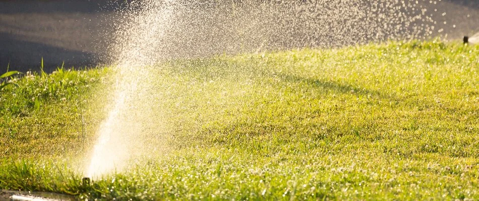 Irrigation sprinkler head watering grass in Crosby, TX.