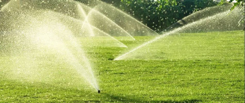 Several sprinkler heads watering a lawn in Kingwood, TX.