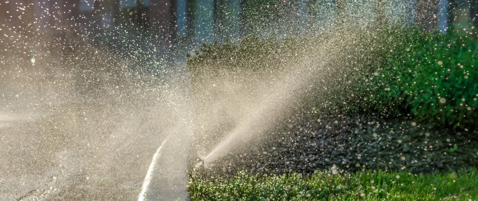 Sprinkler spraying water on a commercial landscape in Kingwood, TX.