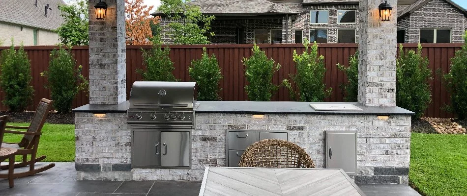 White brick outdoor kitchen in Kingwood, TX.